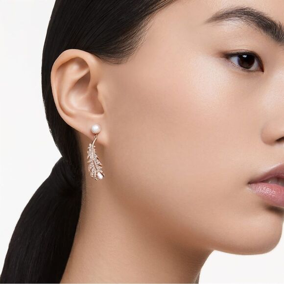 Swarovski Feather Drop Earrings with Pearl Accent | Silver Tone CZ Style 5496052 - Picture 9 of 9